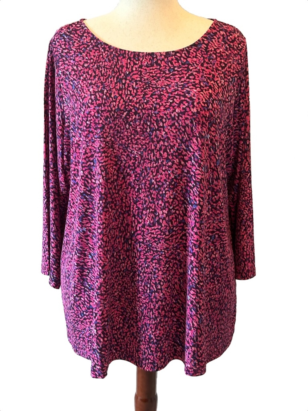 Susan Graver Print Liquid Knit A-Line Top - Fuchsia Black Multi - EUC - 2X